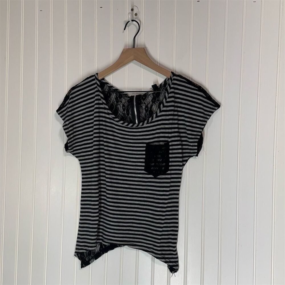 Charlotte Russe Lace Back Striped Tee S Grunge Y2K USA Made Black Gray Mesh - Picture 1 of 6
